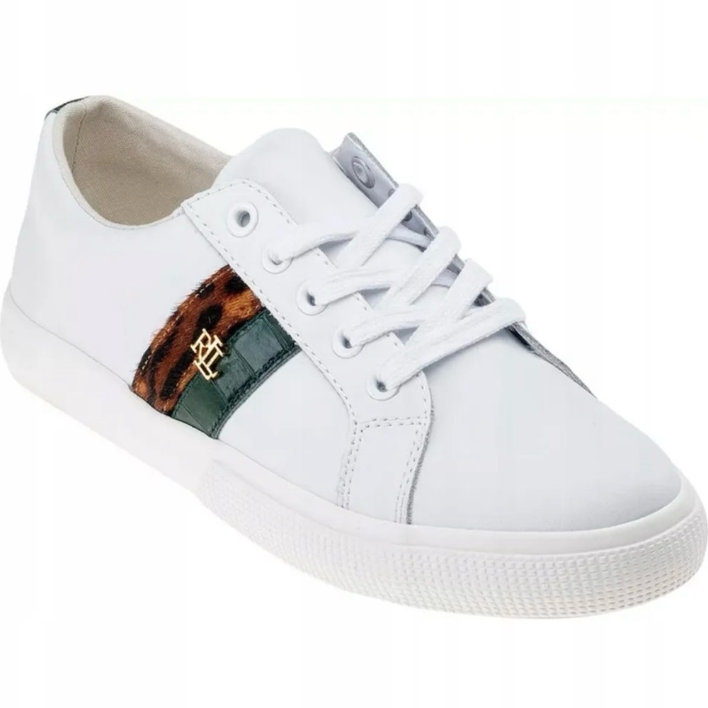 Ralph Lauren Janson II White Green Leopard Sneakers 9.5 Retro Luxury Shoes EUC